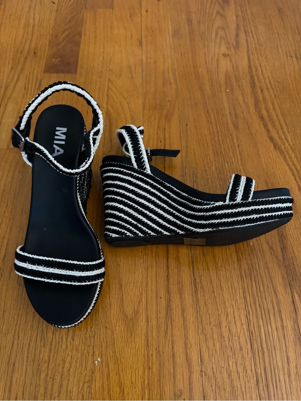 MIA Black and White Striped Rope Wedge Sandals